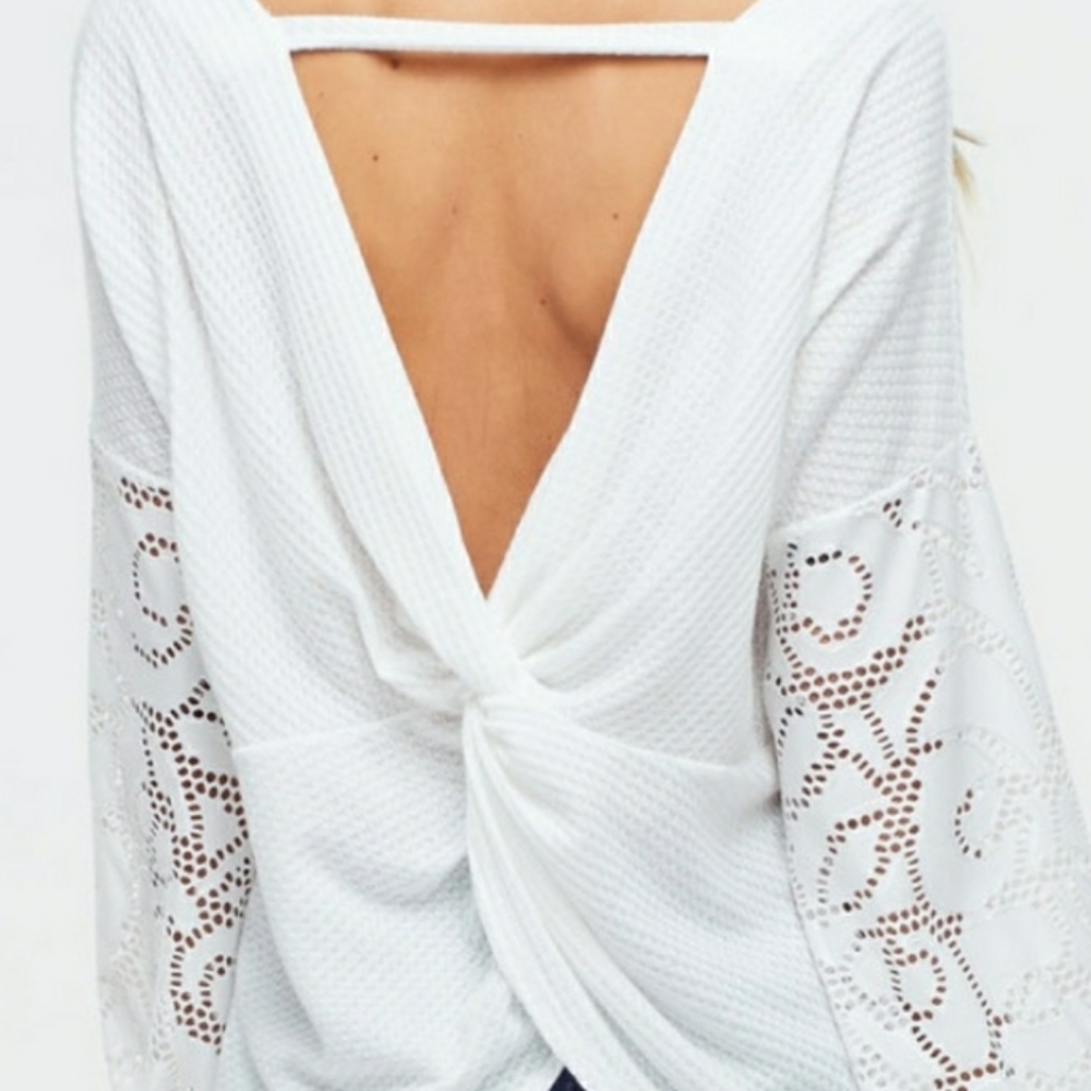 White Waffle Knit Lace Open Back Top - Picture 5 of 5